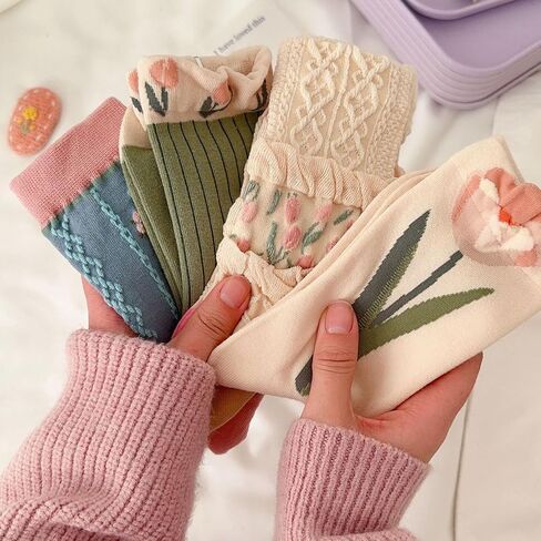 Red Vintage Flower Cotton Socks - 4 Pair, Colorful Socks with Ruffles & Embroidered Flowers, One Size in Saudi Arabia