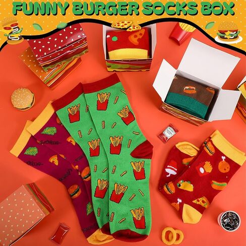 12 Pairs Funny Socks for Men Novelty Hamburger Food Socks with 12 Pcs Burger Boxes for Christmas Birthday Gifts in Saudi Arabia