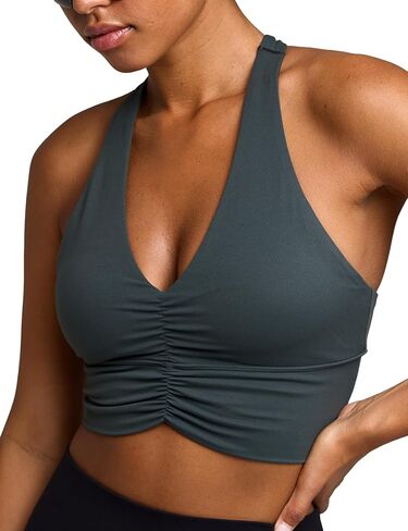 Women's Serene Scrunch Longline Sports Bra V Neck Padded Yoga Tank Wide Straps Cross Back Crop Tops in Saudi Arabia