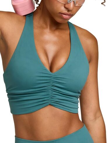 Women's Serene Scrunch Longline Sports Bra V Neck Padded Yoga Tank Wide Straps Cross Back Crop Tops in Saudi Arabia