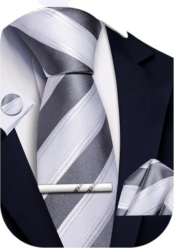 Mens Striped Tie and Pocket Square Set Silk Necktie Handkerchief Cufflinks Tie Clip Business Formal in Saudi Arabia