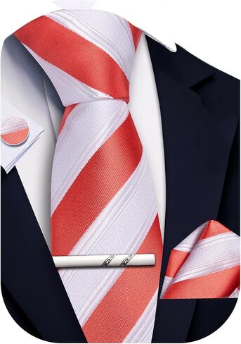 Mens Striped Tie and Pocket Square Set Silk Necktie Handkerchief Cufflinks Tie Clip Business Formal in Saudi Arabia
