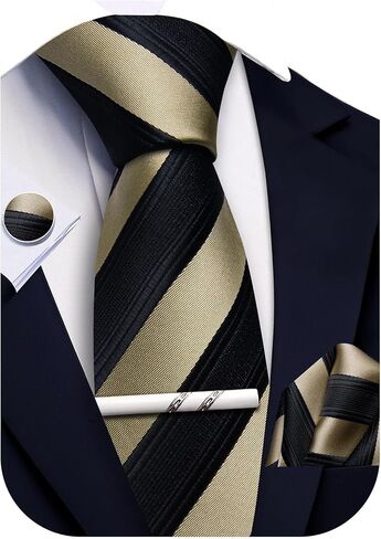 Mens Striped Tie and Pocket Square Set Silk Necktie Handkerchief Cufflinks Tie Clip Business Formal in Saudi Arabia
