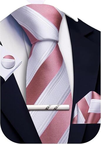 Mens Striped Tie and Pocket Square Set Silk Necktie Handkerchief Cufflinks Tie Clip Business Formal in Saudi Arabia