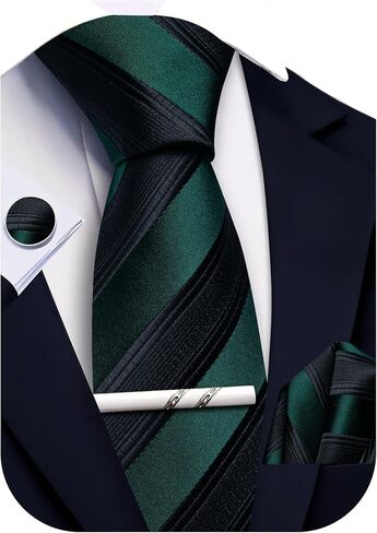 Mens Striped Tie and Pocket Square Set Silk Necktie Handkerchief Cufflinks Tie Clip Business Formal in Saudi Arabia