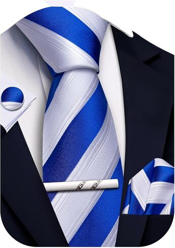 Mens Striped Tie and Pocket Square Set Silk Necktie Handkerchief Cufflinks Tie Clip Business Formal in Saudi Arabia