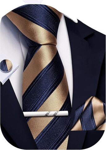 Mens Striped Tie and Pocket Square Set Silk Necktie Handkerchief Cufflinks Tie Clip Business Formal in Saudi Arabia