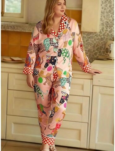 2-Piece Women Pajama Set Long Sleeve Top and Printed Pants Relaxed Fit Animal Pattern Lounge Outfit for Home and Daily Wear in Saudi Arabia