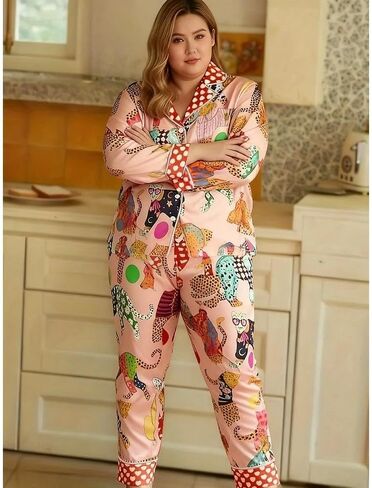 2-Piece Women Pajama Set Long Sleeve Top and Printed Pants Relaxed Fit Animal Pattern Lounge Outfit for Home and Daily Wear in Saudi Arabia