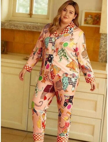 2-Piece Women Pajama Set Long Sleeve Top and Printed Pants Relaxed Fit Animal Pattern Lounge Outfit for Home and Daily Wear in Saudi Arabia