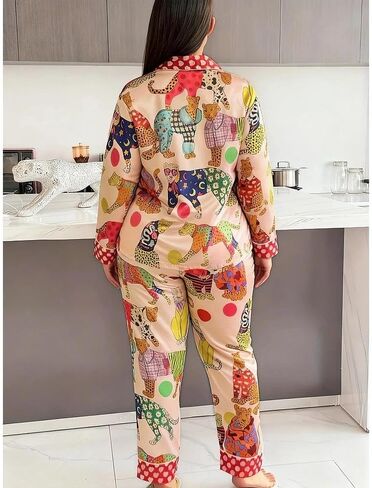 2-Piece Women Pajama Set Long Sleeve Top and Printed Pants Relaxed Fit Animal Pattern Lounge Outfit for Home and Daily Wear in Saudi Arabia