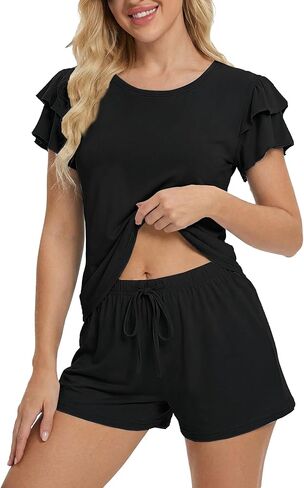 Ekouaer Womens Pajama Sets 2 Piece Ruffle Sleeves Top and Shorts Pjs Soft Sleepwear Casual Lounge Set with Pockets in Saudi Arabia