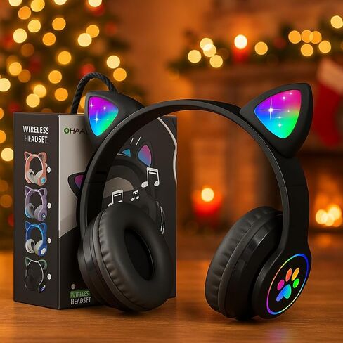 Bluetooth 5.0 Noise Cancelling Cat Ear Headphones for Kids, Foldable LED Light Up Ears with Safe Volume Limit & TF Card/Mic | Ideal for iPad, Toddlers, Girls (Age 3-12)(Pink) in Saudi Arabia