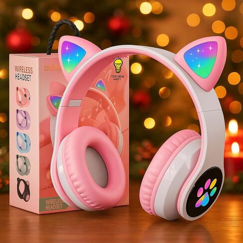 Bluetooth 5.0 Noise Cancelling Cat Ear Headphones for Kids, Foldable LED Light Up Ears with Safe Volume Limit & TF Card/Mic | Ideal for iPad, Toddlers, Girls (Age 3-12)(Pink) in Saudi Arabia
