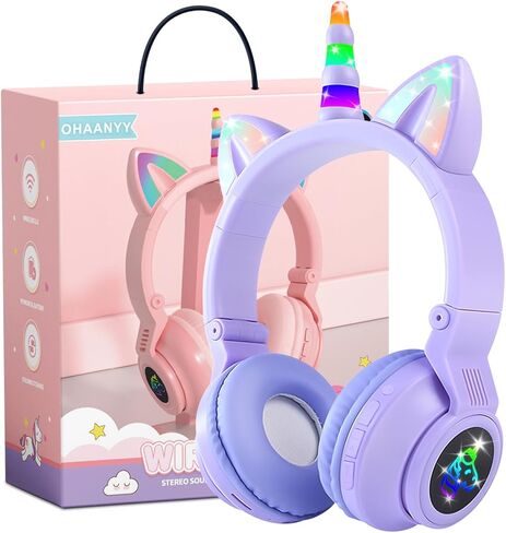 Bluetooth 5.0 Noise Cancelling Cat Ear Headphones for Kids, Foldable LED Light Up Ears with Safe Volume Limit & TF Card/Mic | Ideal for iPad, Toddlers, Girls (Age 3-12)(Pink) in Saudi Arabia