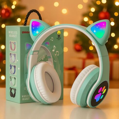 Bluetooth 5.0 Noise Cancelling Cat Ear Headphones for Kids, Foldable LED Light Up Ears with Safe Volume Limit & TF Card/Mic | Ideal for iPad, Toddlers, Girls (Age 3-12)(Pink) in Saudi Arabia