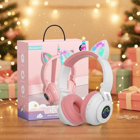 Bluetooth 5.0 Noise Cancelling Cat Ear Headphones for Kids, Foldable LED Light Up Ears with Safe Volume Limit & TF Card/Mic | Ideal for iPad, Toddlers, Girls (Age 3-12)(Pink) in Saudi Arabia
