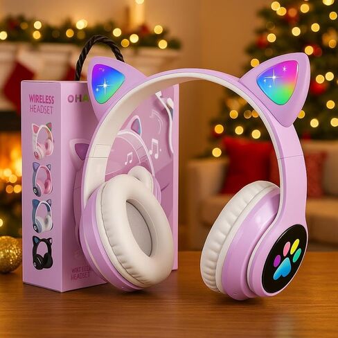Bluetooth 5.0 Noise Cancelling Cat Ear Headphones for Kids, Foldable LED Light Up Ears with Safe Volume Limit & TF Card/Mic | Ideal for iPad, Toddlers, Girls (Age 3-12)(Pink) in Saudi Arabia