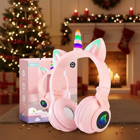 Bluetooth 5.0 Noise Cancelling Cat Ear Headphones for Kids, Foldable LED Light Up Ears with Safe Volume Limit & TF Card/Mic | Ideal for iPad, Toddlers, Girls (Age 3-12)(Pink) in Saudi Arabia