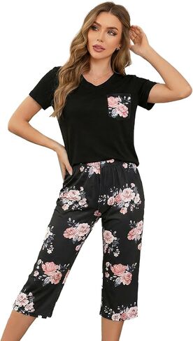 2 Piece Pajama Set for Women, Lounge Sleepwear V Neck Short Sleeve Top and Capri Pants with Printed Design Matching Sets in Saudi Arabia