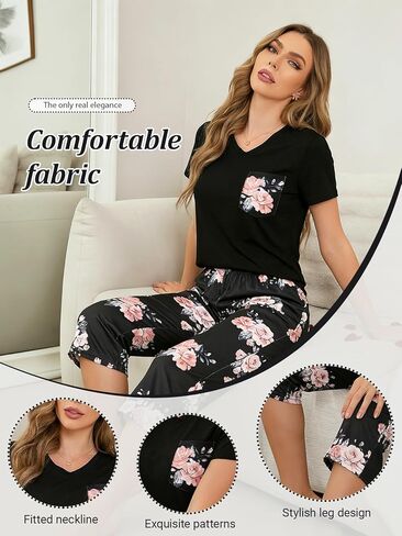 2 Piece Pajama Set for Women, Lounge Sleepwear V Neck Short Sleeve Top and Capri Pants with Printed Design Matching Sets in Saudi Arabia