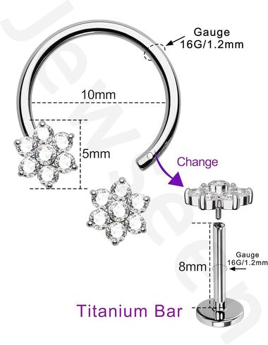 Jewseen Titanium Septum Rings 16g Internally Threaded Septum Jewelry Flower Daith Piercing Jewelry Flat Back Earrings Cartilage Stud for Women Men in Saudi Arabia
