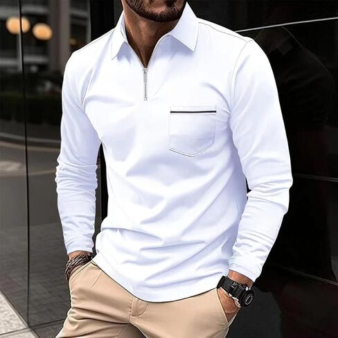 Men's Polo Shirts Long Sleeve Casual Zip Shirt Classic Collared Golf Shirt with Pocket in Saudi Arabia
