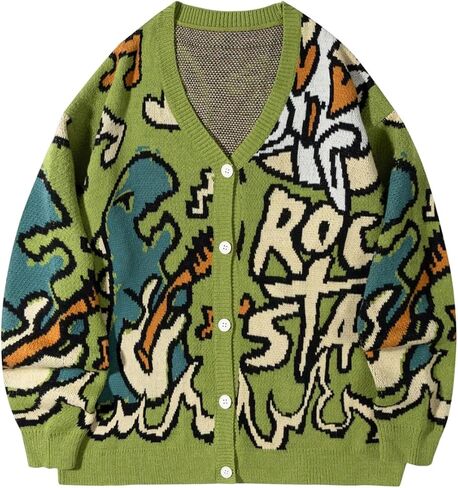 WDIRARA Men's Button Down Cardigan Sweaters Graphic Long Sleeve V Neck Knit Outerwear in Saudi Arabia