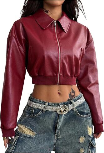 Floerns Women's Y2k Cropped Leather Jacket Zip Up Fall Going Out Motor Biker Coat in Saudi Arabia
