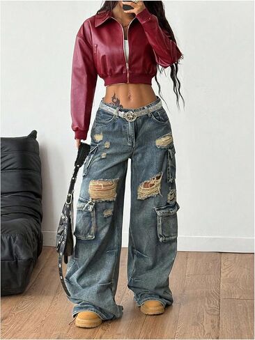 Floerns Women's Y2k Cropped Leather Jacket Zip Up Fall Going Out Motor Biker Coat in Saudi Arabia