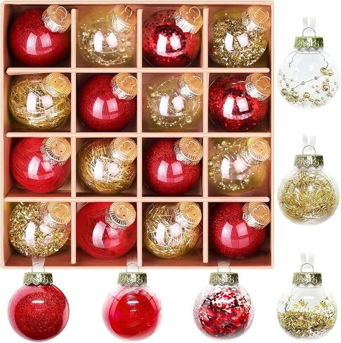 DeckTheHalls Christmas Ball Ornaments Set, 16-Piece Clear Xmas Decor for Crafts, Reusable DIY Festive Tree Decorations, Easy Hang Unbreakable Ornaments for Holiday, Party, Wedding (Red & Gold) in Saudi Arabia