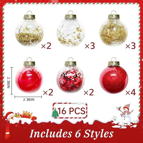 DeckTheHalls Christmas Ball Ornaments Set, 16-Piece Clear Xmas Decor for Crafts, Reusable DIY Festive Tree Decorations, Easy Hang Unbreakable Ornaments for Holiday, Party, Wedding (Red & Gold) in Saudi Arabia