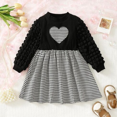 Girls Dress 4Y-7Y with Houndstooth Heart & Puff Sleeves, Black White A-Line Party Dress for Birthday Christmas in Saudi Arabia