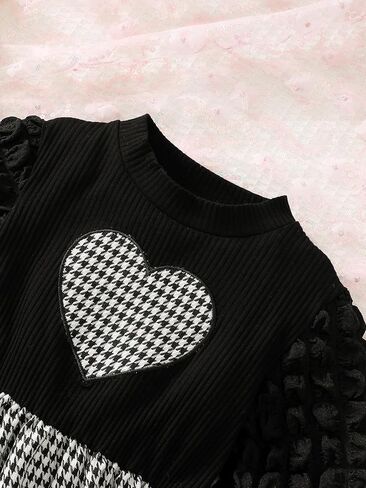 Girls Dress 4Y-7Y with Houndstooth Heart & Puff Sleeves, Black White A-Line Party Dress for Birthday Christmas in Saudi Arabia
