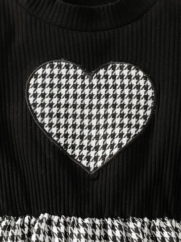 Girls Dress 4Y-7Y with Houndstooth Heart & Puff Sleeves, Black White A-Line Party Dress for Birthday Christmas in Saudi Arabia