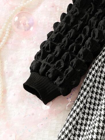 Girls Dress 4Y-7Y with Houndstooth Heart & Puff Sleeves, Black White A-Line Party Dress for Birthday Christmas in Saudi Arabia