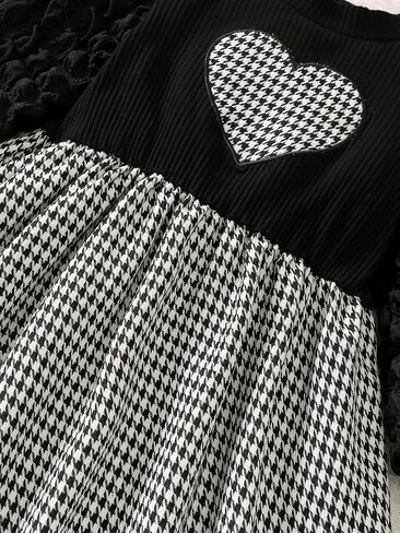 Girls Dress 4Y-7Y with Houndstooth Heart & Puff Sleeves, Black White A-Line Party Dress for Birthday Christmas in Saudi Arabia