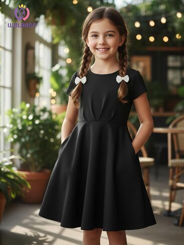 Girls Summer Dress Short Sleeve A-Line Twirl Skater Fit and Flare Dress with Pockets in Saudi Arabia
