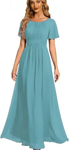 Women's Chiffon Round Neck Ruffle Sleeves Empire Waist A Line Long Formal Bridesmaid Dress in Saudi Arabia
