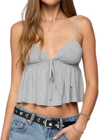 Women Y2k Babydoll Cami Top Spaghetti Strap V Neck Tie Tank Tops Summer Going Out Ruffle Hem Crop Camisole in Saudi Arabia