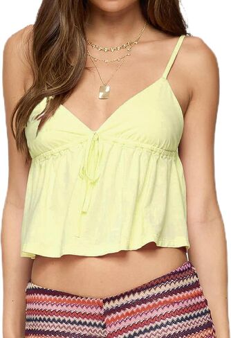 Women Y2k Babydoll Cami Top Spaghetti Strap V Neck Tie Tank Tops Summer Going Out Ruffle Hem Crop Camisole in Saudi Arabia