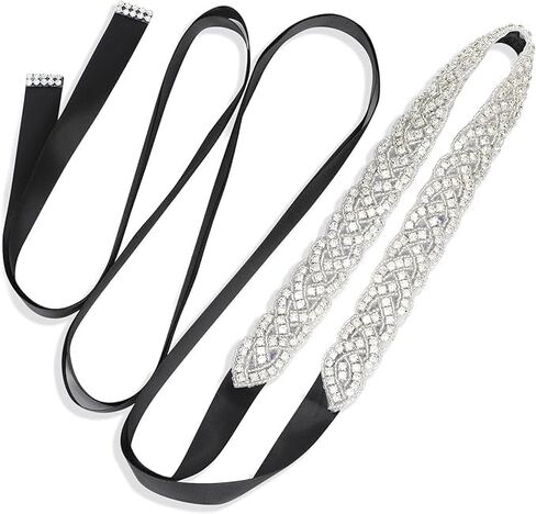 Rhinestone Bridal Sash Belt, Black and White Ribbon, Wedding Dress Accessory in Saudi Arabia