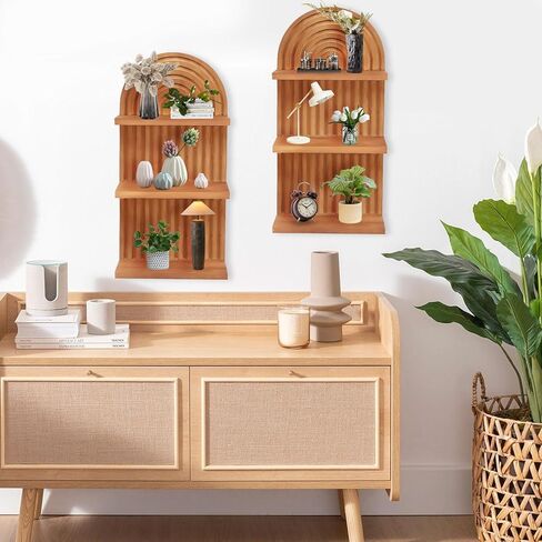 2 Pieces Boho Wall Shelf,3 Tier Arch Wooden Mid Century Shelves Decorative Rainbow Hanging Shelves,Bohemian Floating Shelves,Wall Mounted Wood ArchWall Decor for Living Room Display (02) in Saudi Arabia