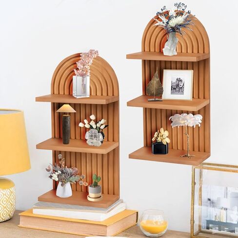 2 Pieces Boho Wall Shelf,3 Tier Arch Wooden Mid Century Shelves Decorative Rainbow Hanging Shelves,Bohemian Floating Shelves,Wall Mounted Wood ArchWall Decor for Living Room Display (02) in Saudi Arabia