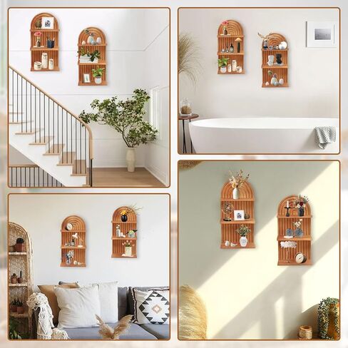 2 Pieces Boho Wall Shelf,3 Tier Arch Wooden Mid Century Shelves Decorative Rainbow Hanging Shelves,Bohemian Floating Shelves,Wall Mounted Wood ArchWall Decor for Living Room Display (02) in Saudi Arabia