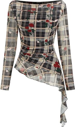 CIDER Womens Tops Mesh Top Plaid Top Long Sleeve Boat Neck Ruffle Hem Casual Floral Rose Plaid Regular Fit Blouse in Saudi Arabia