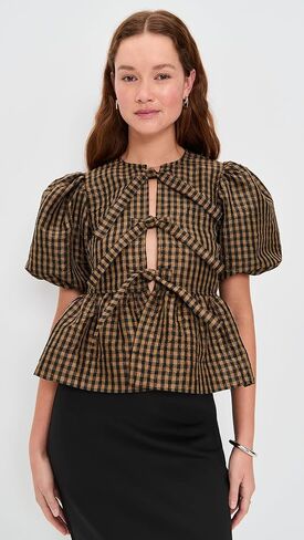 Ganni Women's Crinkled Taffeta Check Peplum Blouse in Saudi Arabia