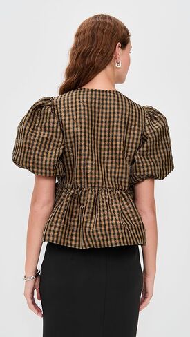 Ganni Women's Crinkled Taffeta Check Peplum Blouse in Saudi Arabia