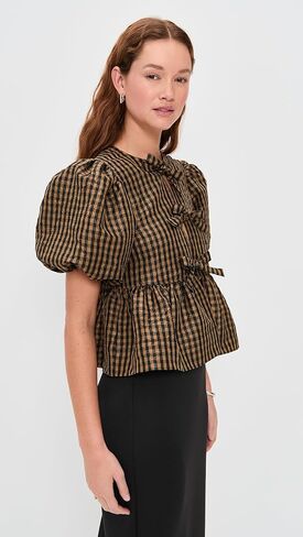 Ganni Women's Crinkled Taffeta Check Peplum Blouse in Saudi Arabia