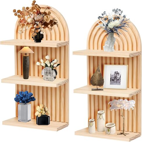 2 Pieces Boho Wall Shelf,3 Tier Arch Wooden Mid Century Shelves Decorative Rainbow Hanging Shelves,Bohemian Floating Shelves,Wall Mounted Wood ArchWall Decor for Living Room Display (02) in Saudi Arabia